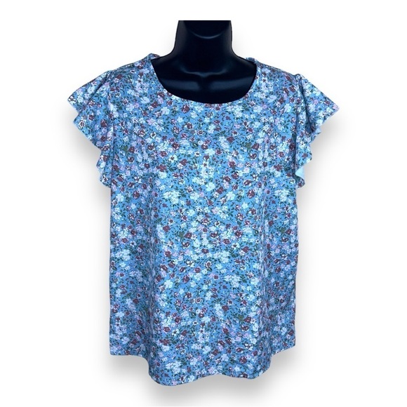 LARGE BLUE RUFFLE SLEEVE BLOUSE TOP LIGHTWEIGHT PASTEL SHORT SLEEVE - Picture 1 of 9